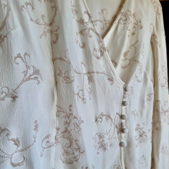J Jill Cream w Delicate Tan Embroidery Faux Wrap Top - Picture 2 of 8